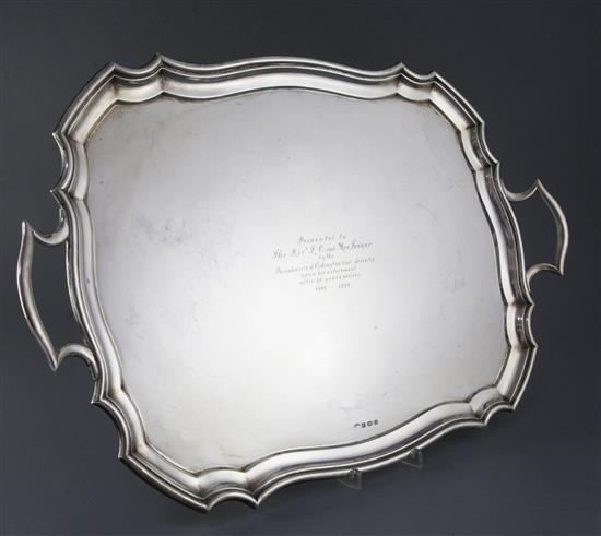 A George V silver two handle shaped rectangular tray, by Alexander Clark & Co. Ltd, 86 oz.